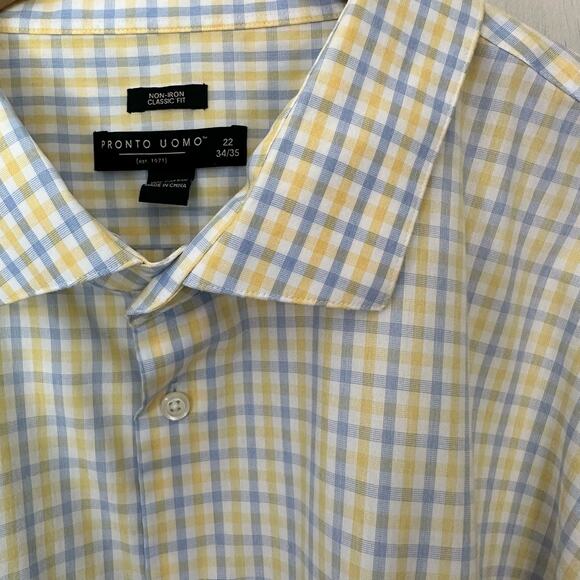 Pronto Uomo Classic Fit Dress Shirt Mens 22 34/35 Non Iron Button Up Yellow Blue - Picture 6 of 8